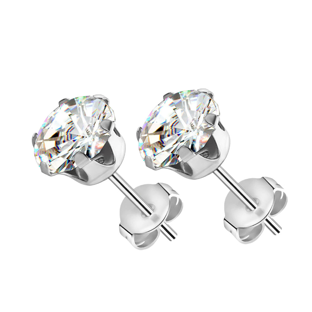 Surgical Steel 20 Gauge Cubic Zirconia Stud Earrings - Pair