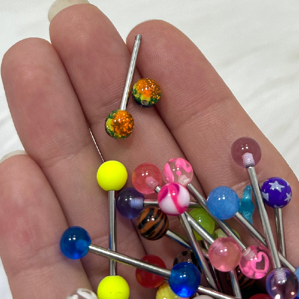 Surgical Steel 14 Gauge Straight Barbell with Acrylic Ball - 100 Pack - View 2