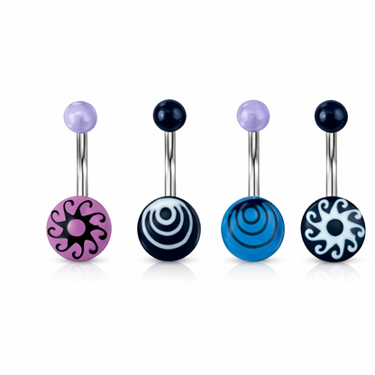 Surgical Steel Spiral Sun & Bullseye Belly Rings 14 Gauge - 4 Pack