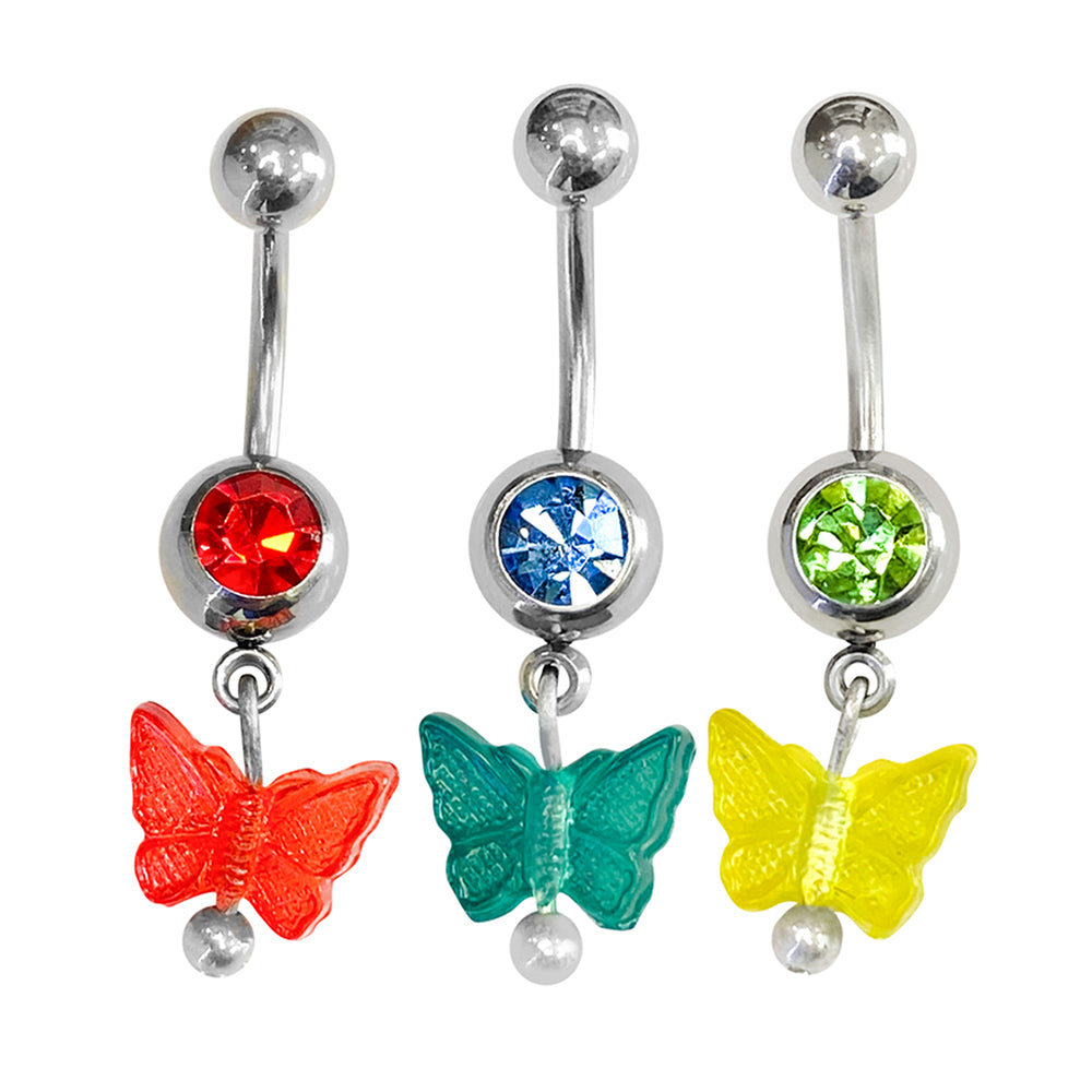 Surgical Steel 14 Gauge Belly Ring with CZ Butterfly Acrylic Dangling