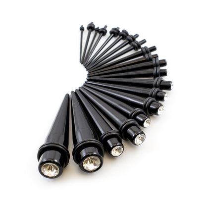 Black Acrylic CZ Spike Tapers Stretching Kit 14 to 00 Gauge - 18 Pack