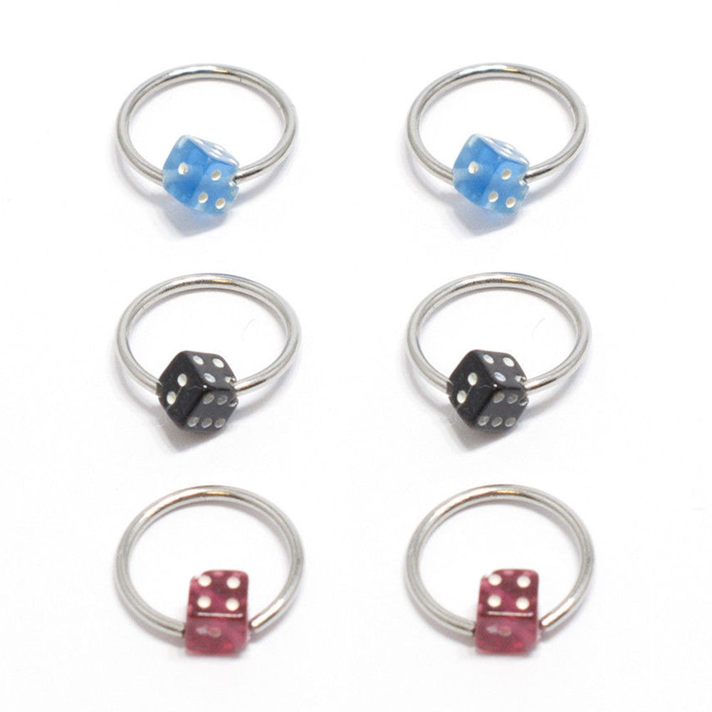 Surgical Steel 18 Gauge Captive Bead Ring with Acrylic Dice - 6 Pack
