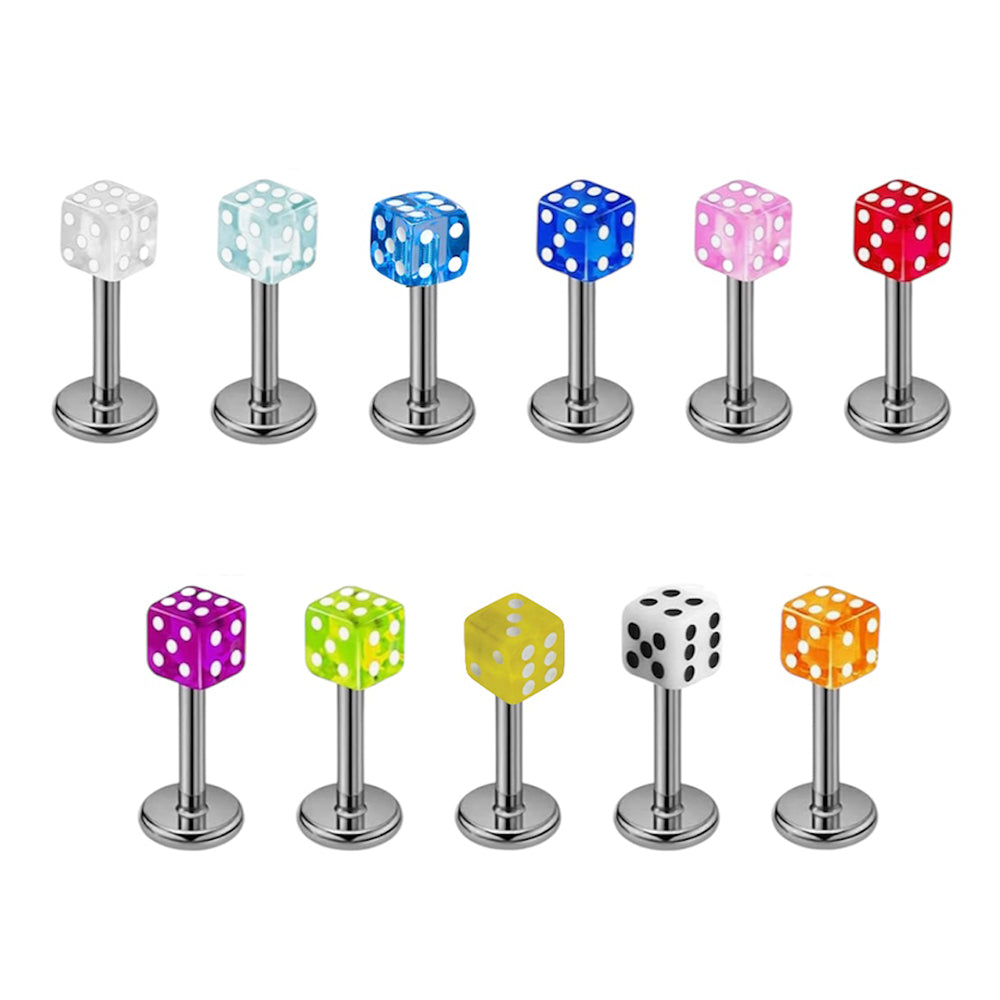 Surgical Steel 16 Gauge Flat Back Labret Stud with Acrylic Dice