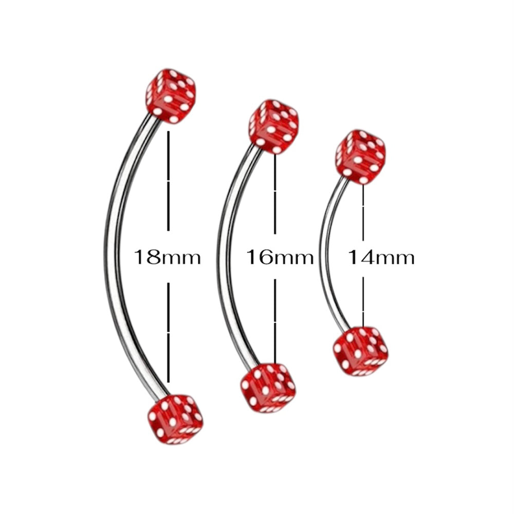 Surgical Steel & Titanium Curved Barbell 16G with Red Acrylic Dice - photo 2