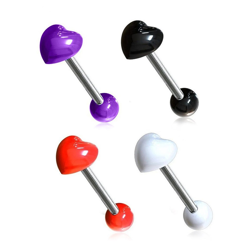 Surgical Steel 14 Gauge Tongue Barbell Heart with Acrylic Tops