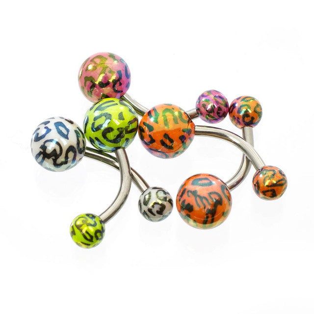 Surgical Steel 14 Gauge Belly Rings with Leopard Acrylic Ball - 5 Pack