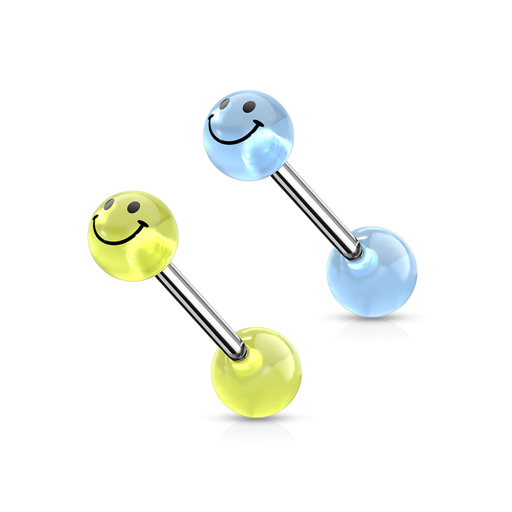 Surgical Steel 14 Gauge Tongue Barbell with Glow Smiley Face Ball