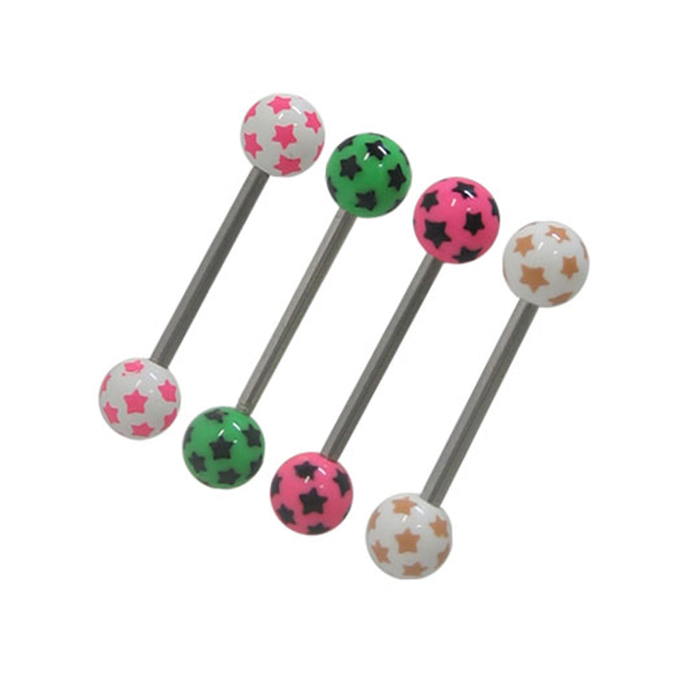 Surgical Steel Tongue Barbell 14G with UV Star Beads - 4 Colors