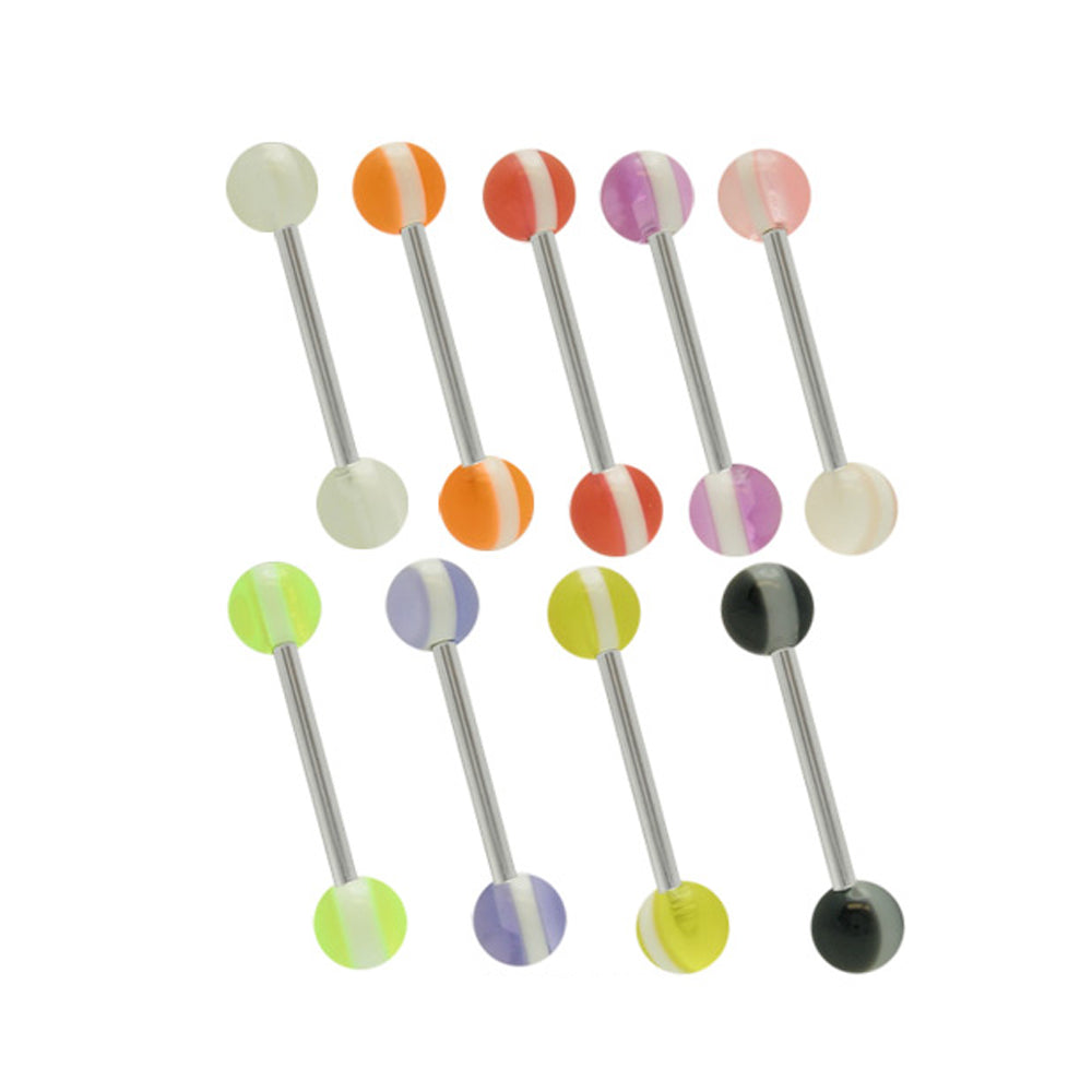 Surgical Steel Tongue Barbell 14G 15mm with UV Stripes - 9 Colors
