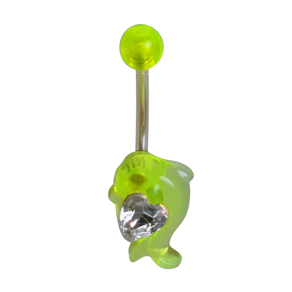Surgical Steel Belly Ring with Acrylic UV Dolphin and CZ Heart - photo 3