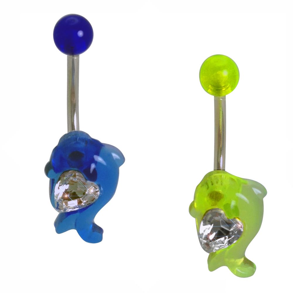 Surgical Steel Belly Ring with Acrylic UV Dolphin and CZ Heart
