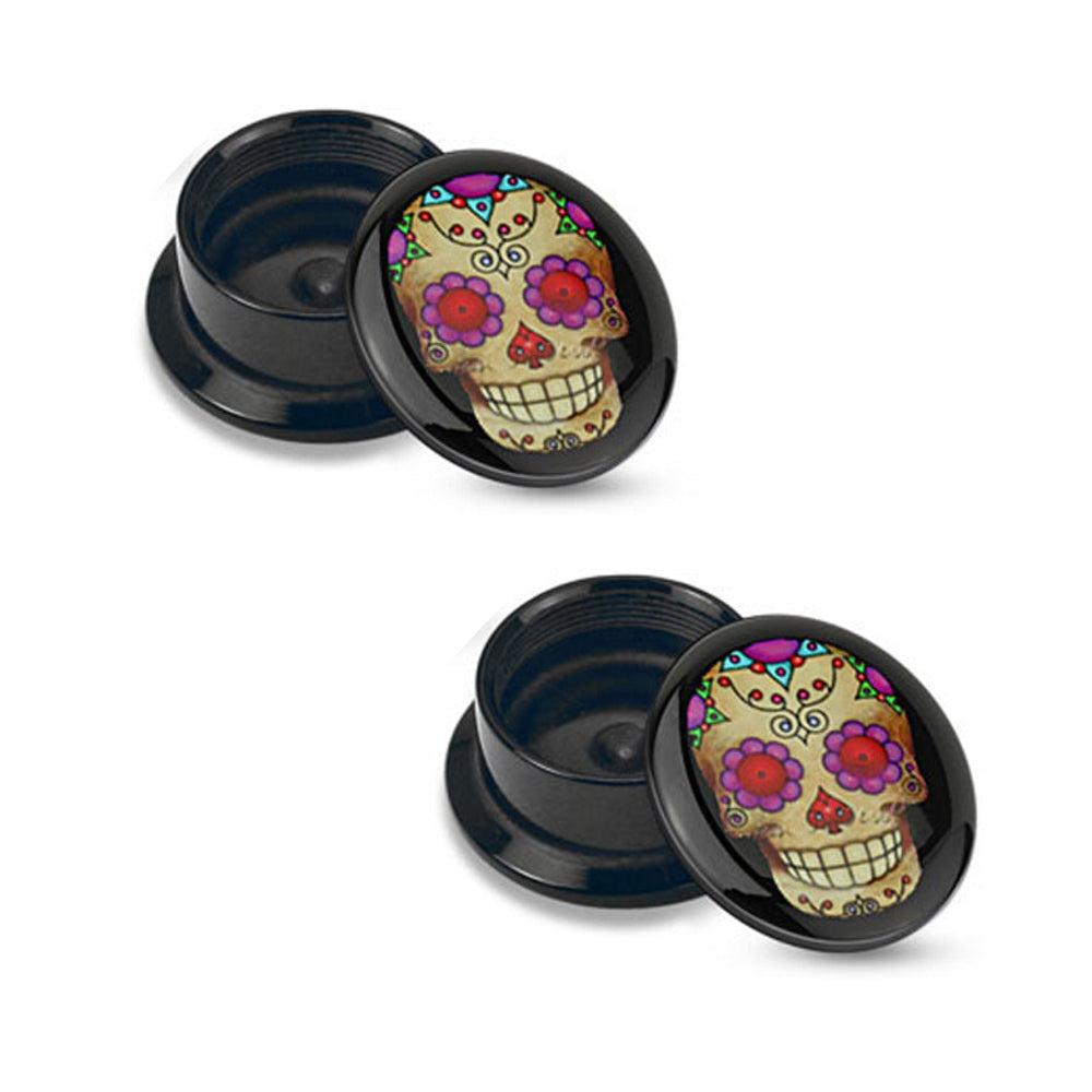 Acrylic 7/8 Inch Screw Fit Ear Plugs with Violet Sugar Skull - Pair - photo 2