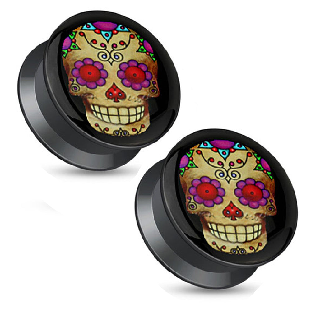 Acrylic 7/8 Inch Screw Fit Ear Plugs with Violet Sugar Skull - Pair