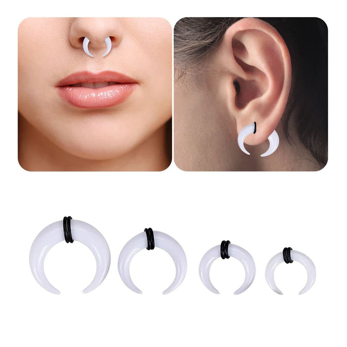 Acrylic White Bull Horn Tapers Septum & Ear & O-Rings - Pair - Kruelty