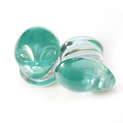 Pyrex Glass 2 Gauge to 7/8 Inch Plugs with Green Alien Face - Pair - photo 4
