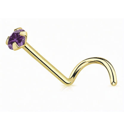14 Karat Solid Gold 22 Gauge Nose Ring Screw with CZ Gem