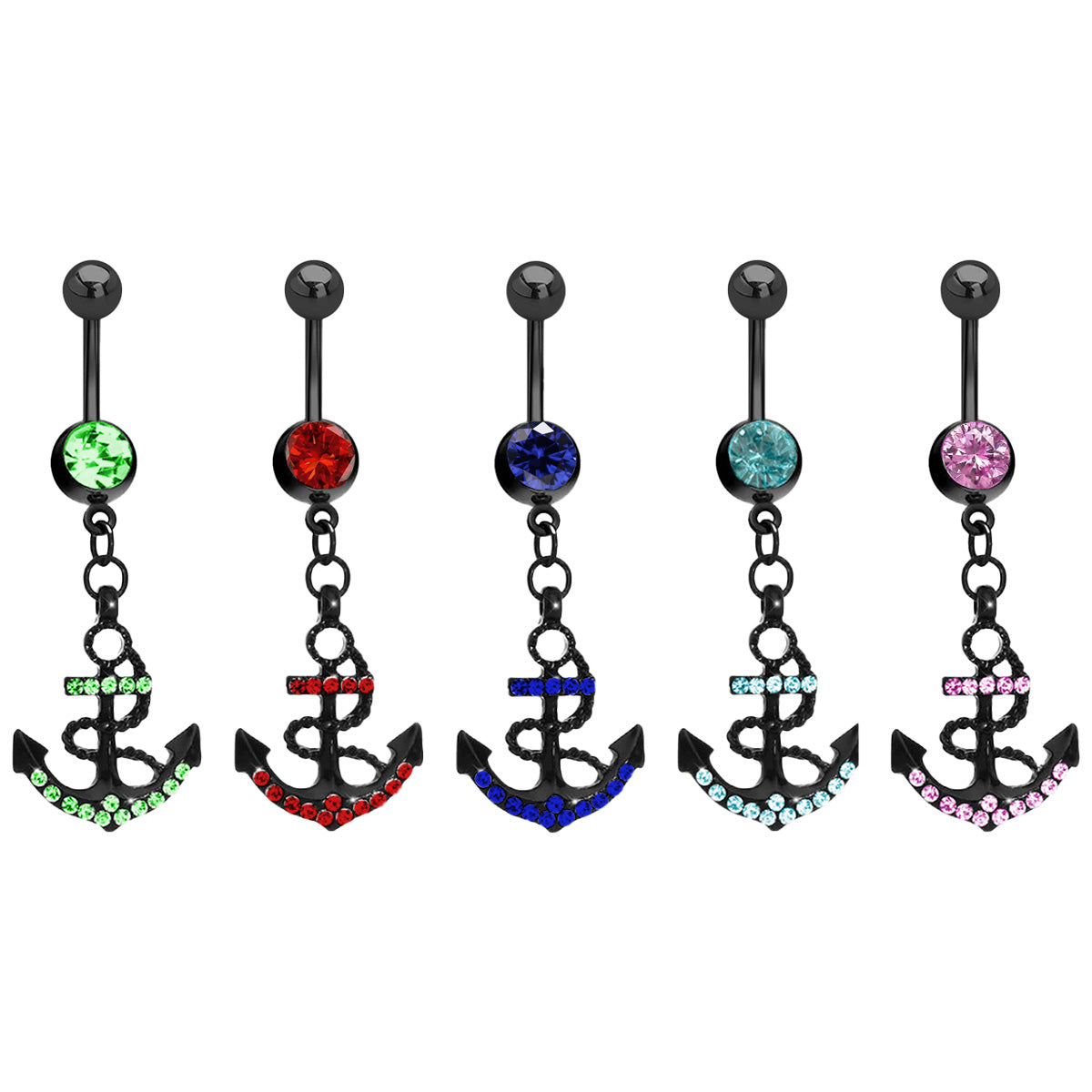 Surgical Steel 14 Gauge Belly Ring PVD Black with CZ Dangle Anchor