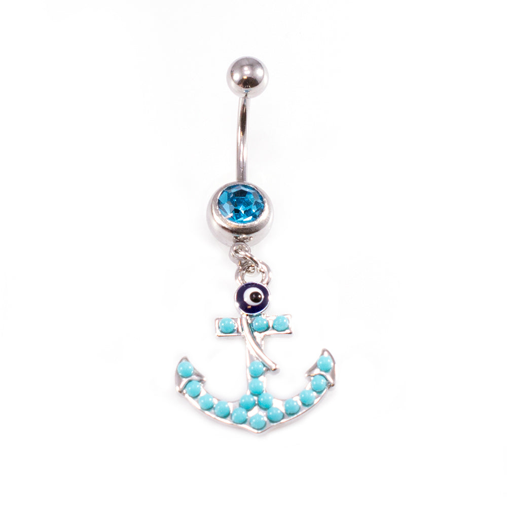 Surgical Steel 14 Gauge Belly Ring Anchor Dangle with Aqua CZ