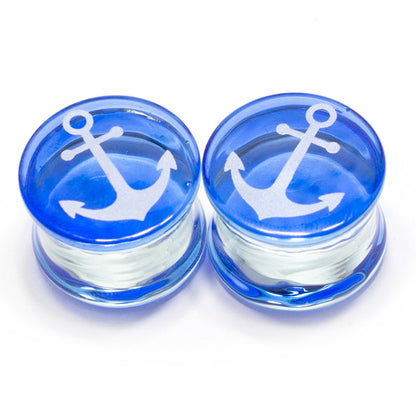 Blue Pyrex Glass 9/16 to 5/8 Inch Saddle Plugs with Anchor - Pair