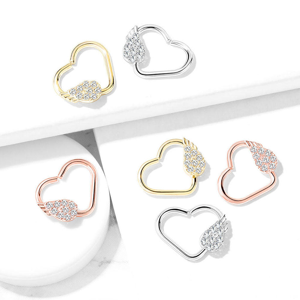 Surgical Steel 16 Gauge CZ Angel Wing Heart Bendable Hoop Ring