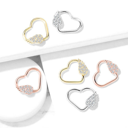 Surgical Steel 16 Gauge CZ Angel Wing Heart Bendable Hoop Ring