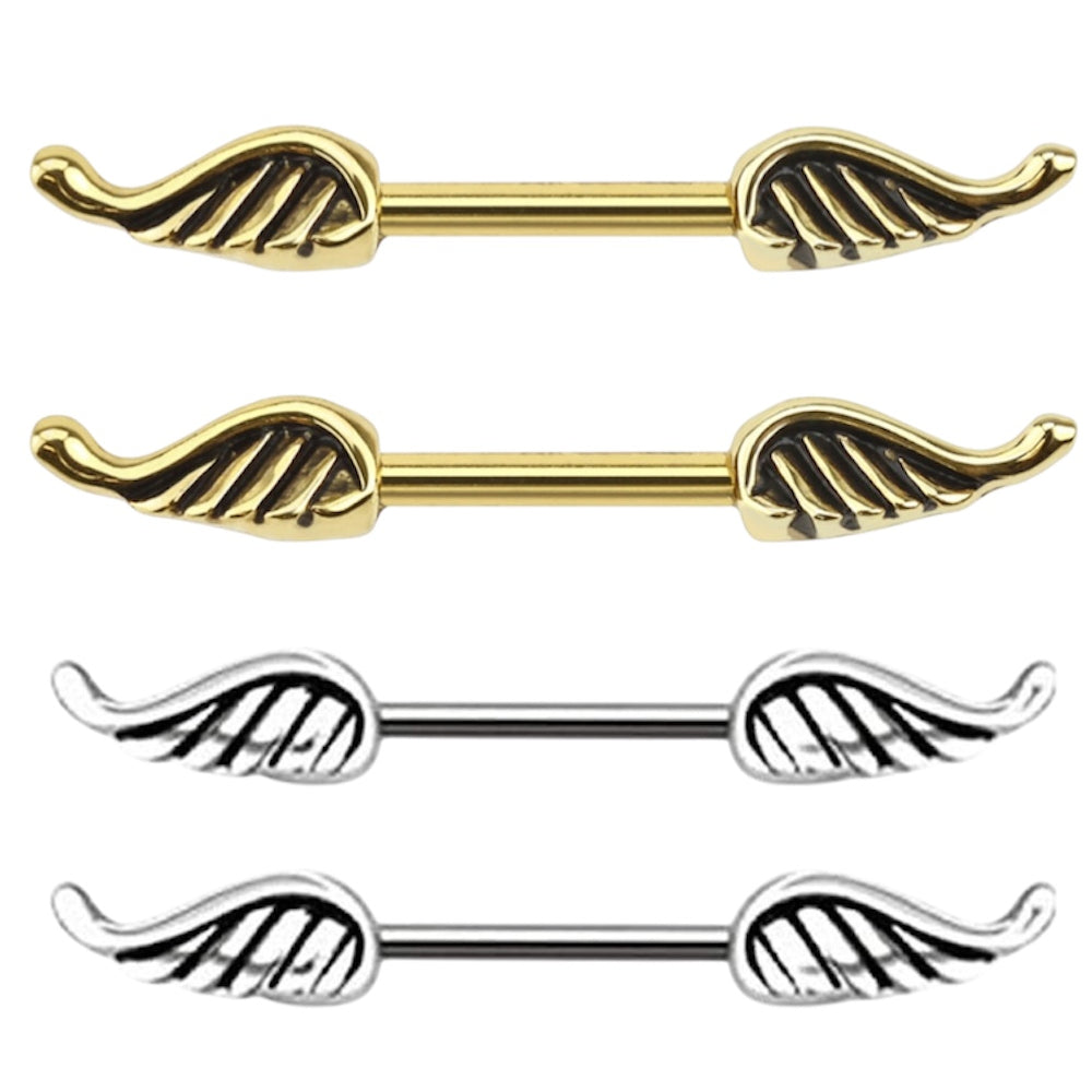 Surgical Steel 14 Gauge Nipple Barbell with Angel Wings - Pair