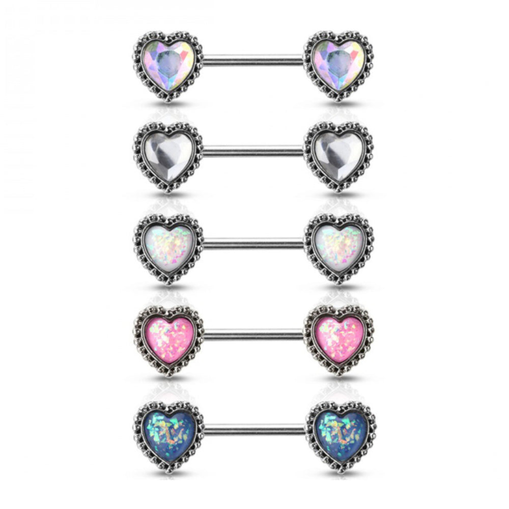 Surgical Steel 14G Glitter Opal Antique Heart Nipple Barbell - Pair