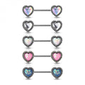 Surgical Steel 14G Glitter Opal Antique Heart Nipple Barbell - Pair