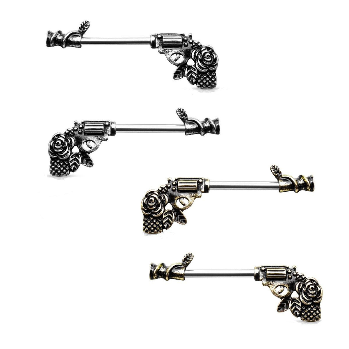 Surgical Steel 14 Gauge Nipple Barbell with Antique Rose Pistol - Pair