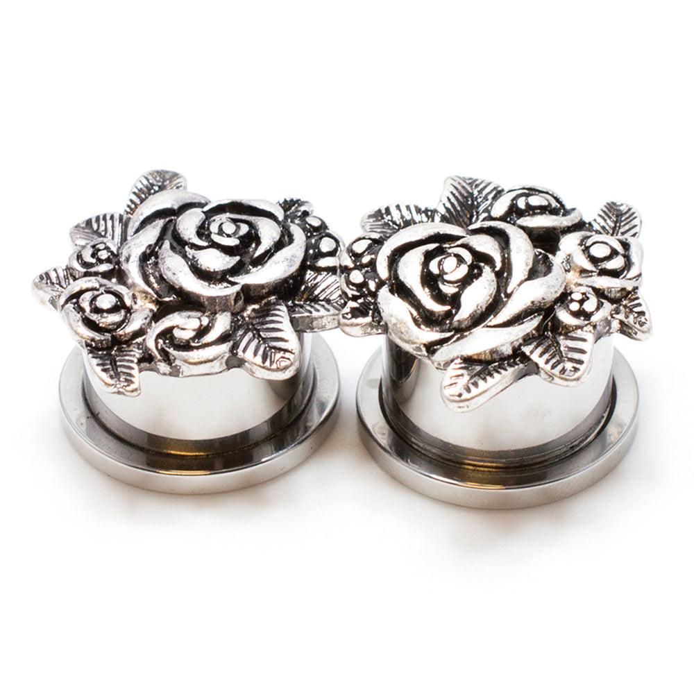 Surgical Steel 9/16 Inch Antique Rose Screw Fit Ear Plugs - Pair