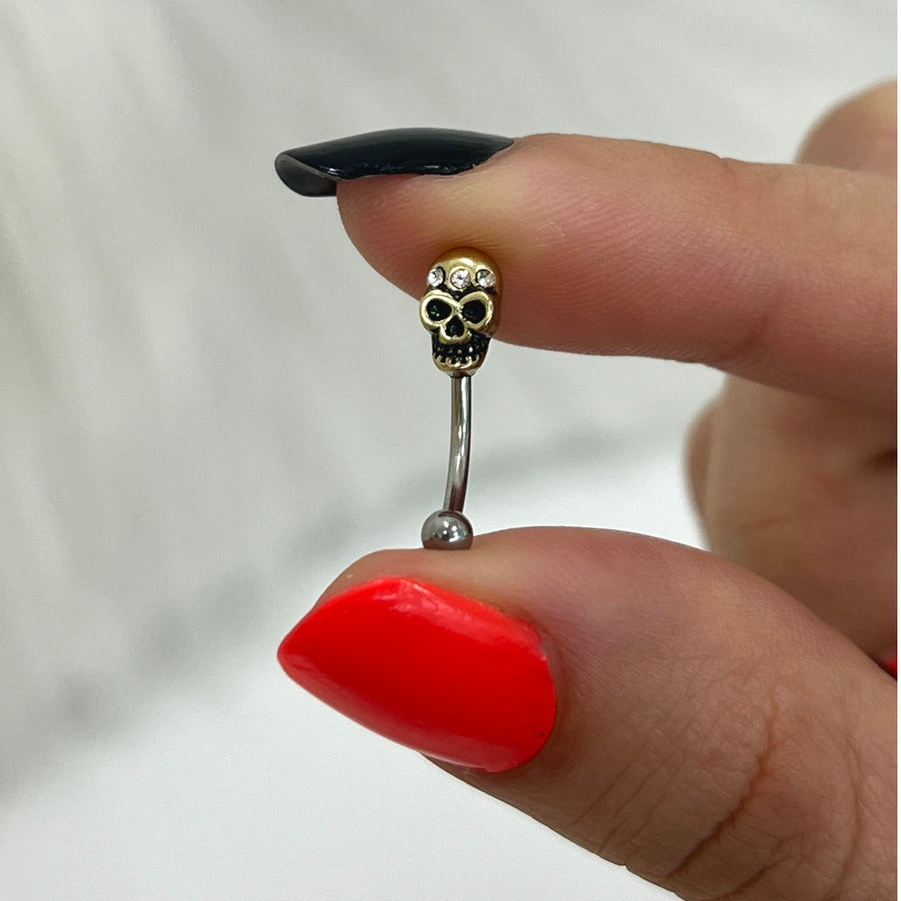 Surgical Steel 16 Gauge Eyebrow Barbell with CZ Antique Gold Skull - photo 3