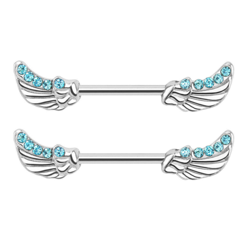 Surgical Steel 14 Gauge Nipple Barbell with CZ Angel Wings - Pair - photo 2