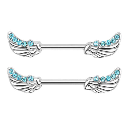 Surgical Steel 14 Gauge Nipple Barbell with CZ Angel Wings - Pair - photo 2