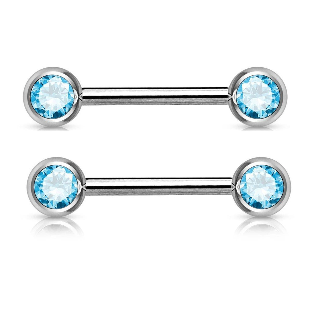 Surgical Steel 14 Gauge Nipple Barbell with Aqua CZ Bezel - Pair