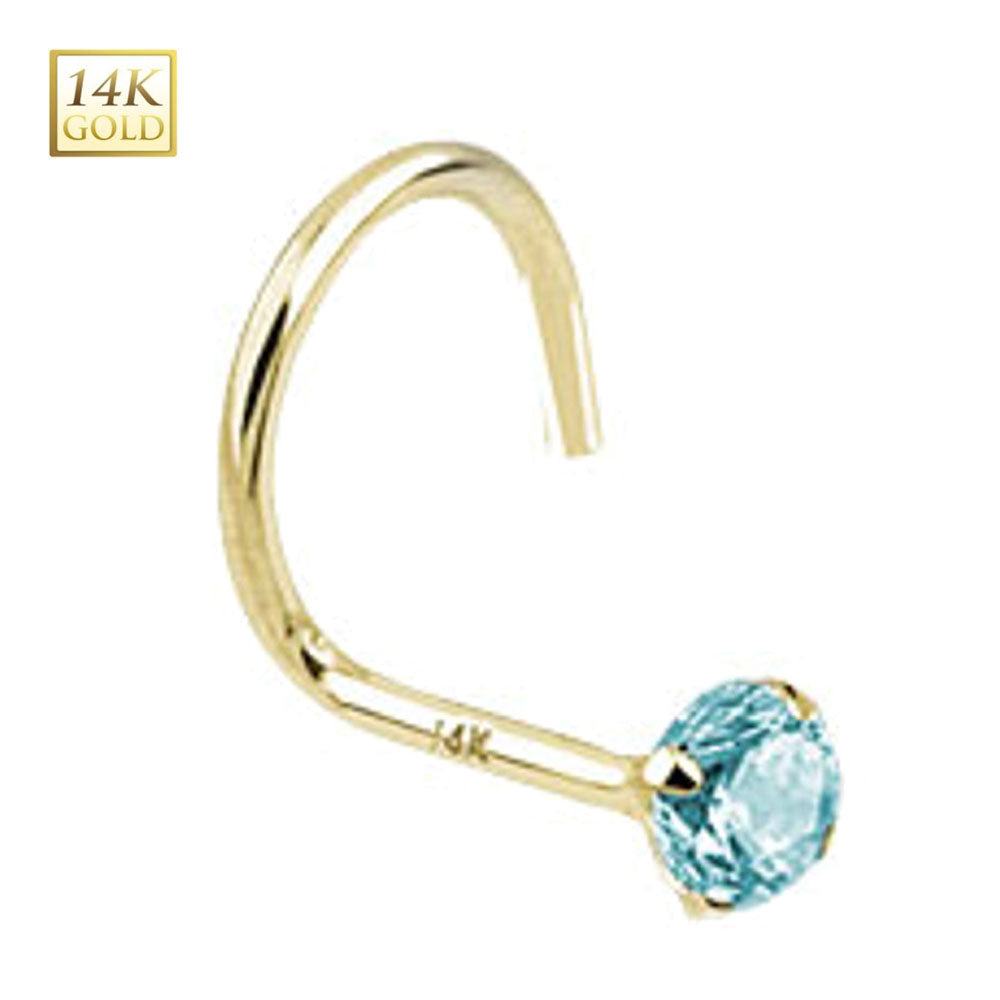 14K Solid Gold 18 to 20 Gauge Nose Screw with Aqua CZ