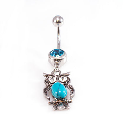 Surgical Steel 14 Gauge Belly Ring with Dangle Owl Turquoise Stone - photo 4
