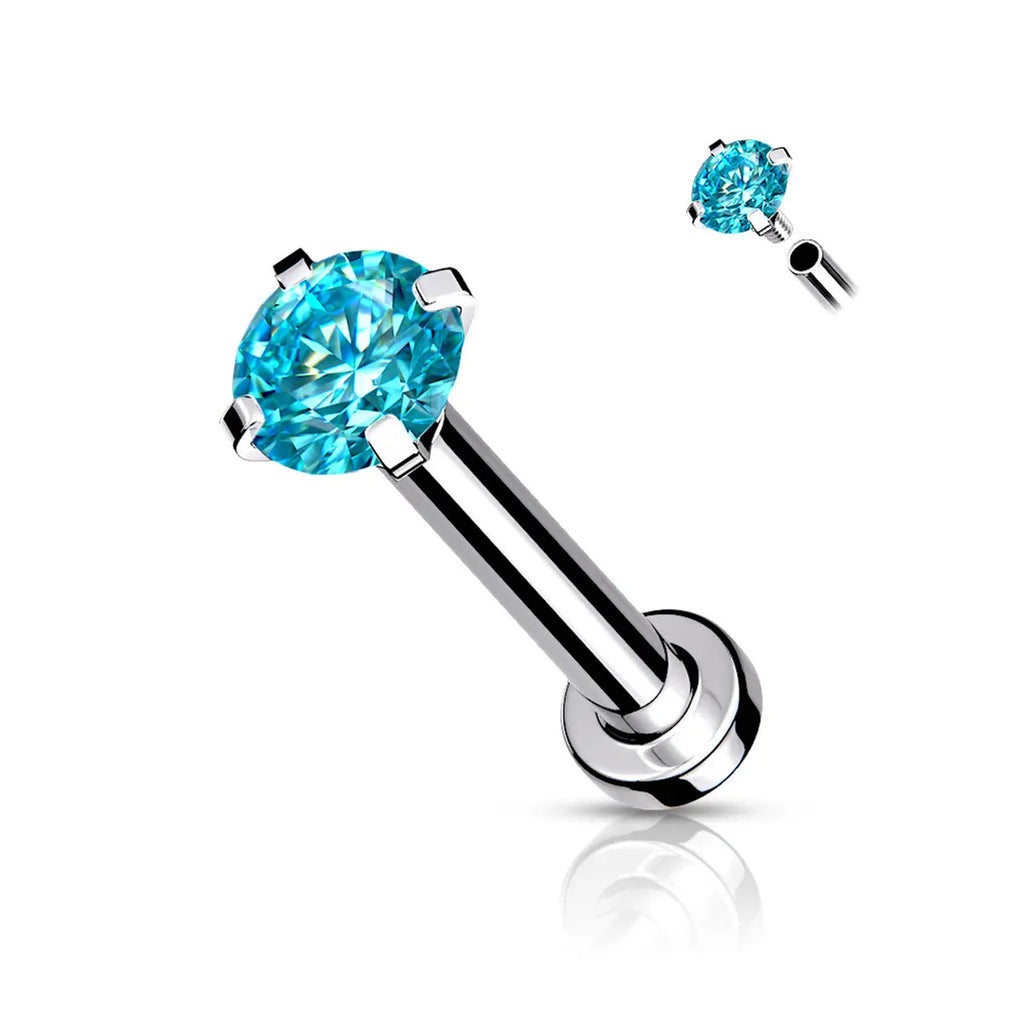 Surgical Steel 18 Gauge Prong CZ Top Flat Back Labret Stud