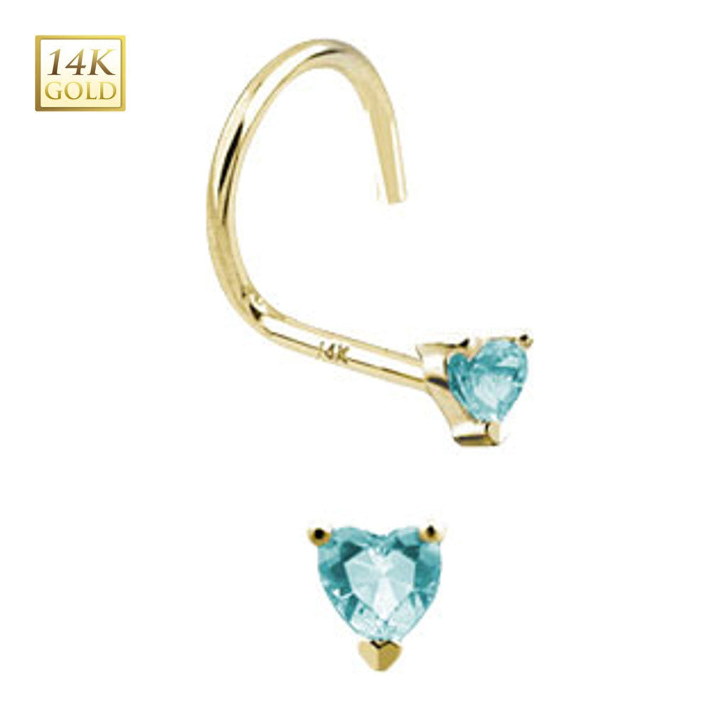 14K Solid Gold 18 to 20 Gauge Nose Screw with Aqua CZ Heart - photo 2