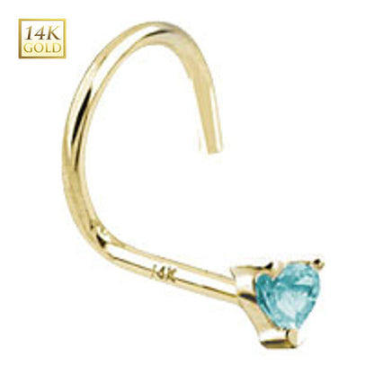 14K Solid Gold 18 to 20 Gauge Nose Screw with Aqua CZ Heart