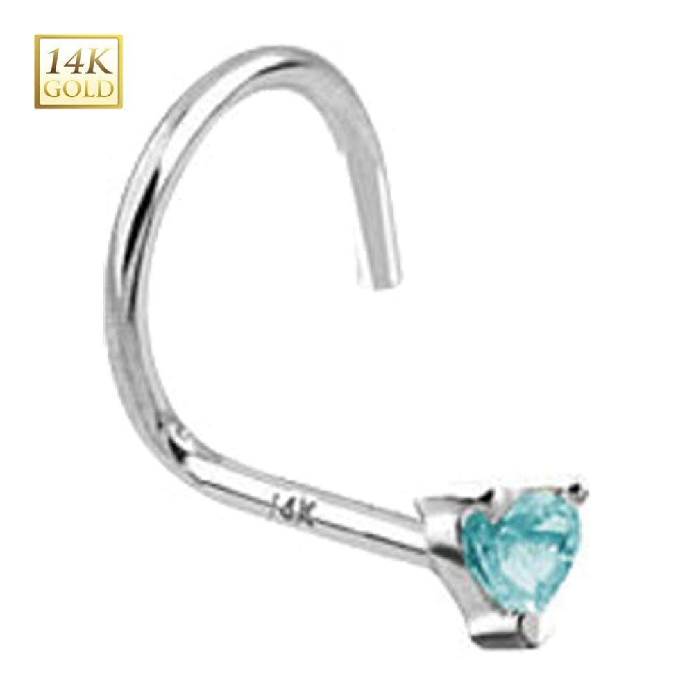 14K White Gold 18 to 20 Gauge Nose Screw with Aqua CZ Heart
