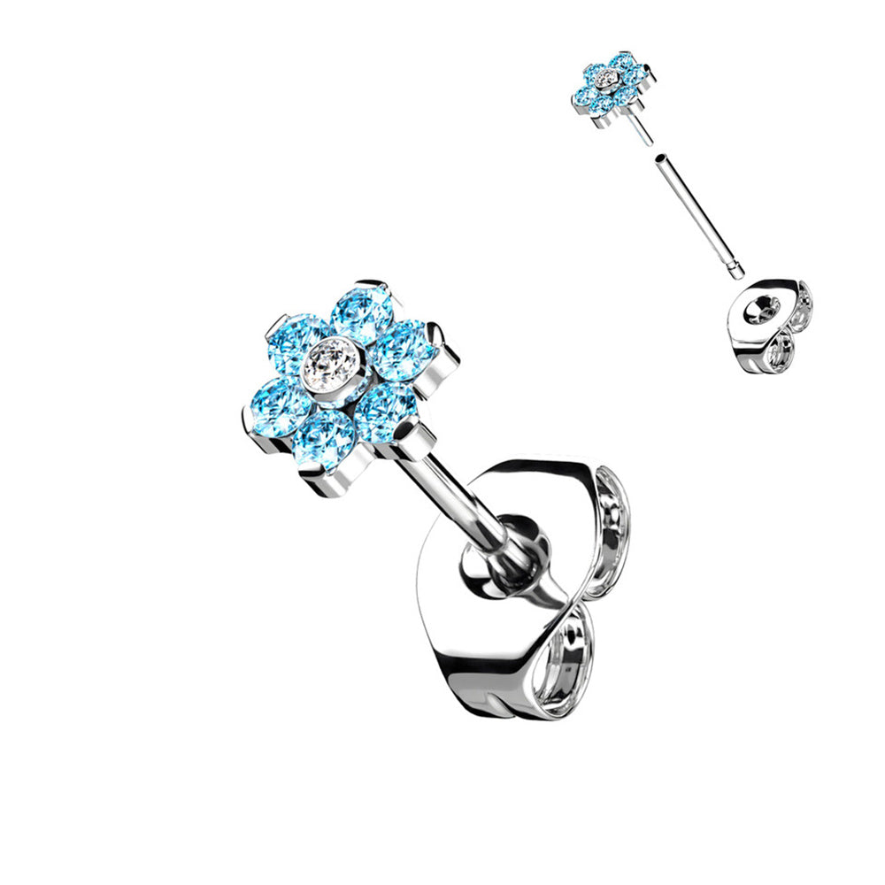 Titanium 20 Gauge CZ Flower End Earring Studs - Pair