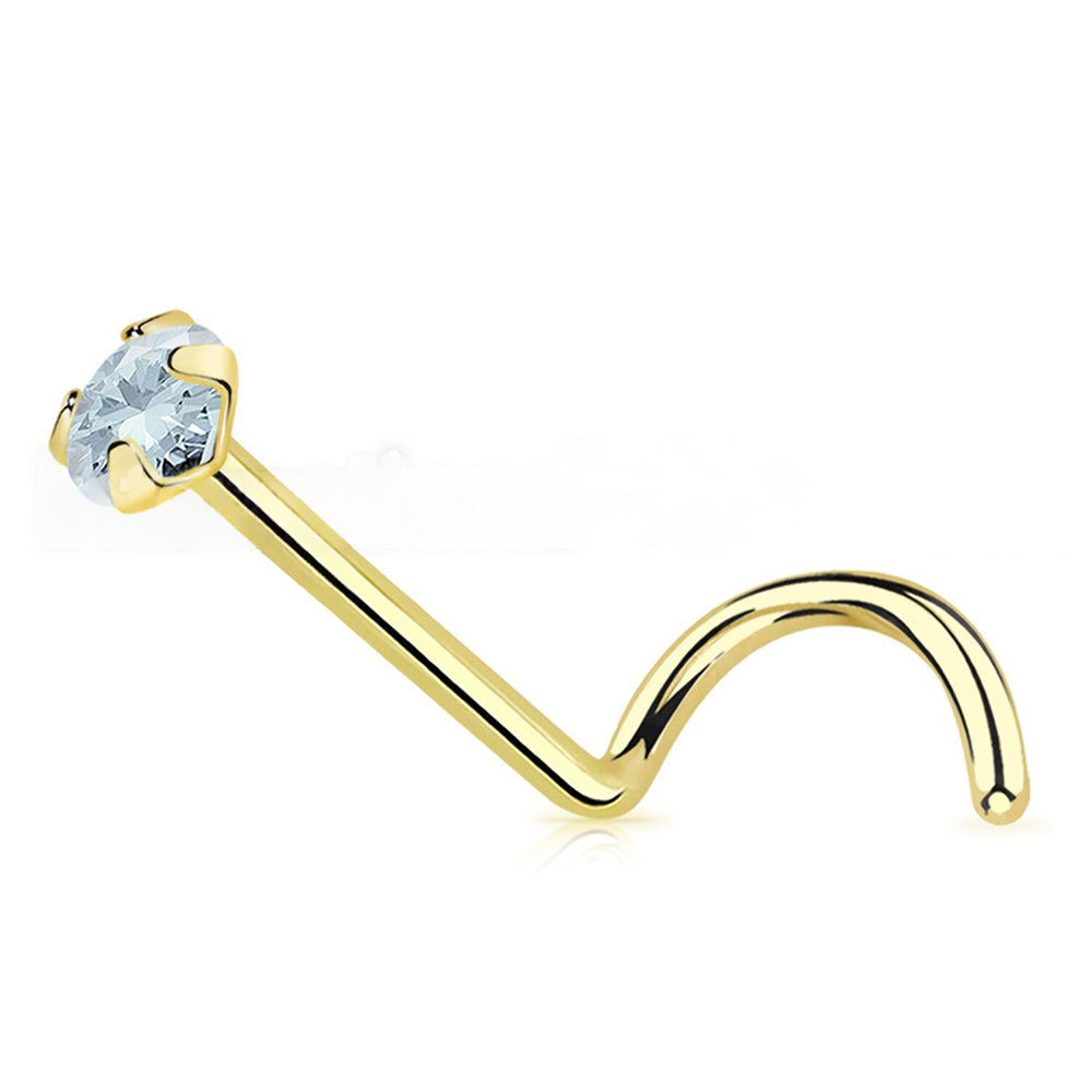 14 Karat Solid Gold 22 Gauge Nose Ring Screw with CZ Gem