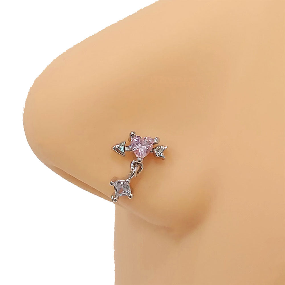 Surgical Steel L-Shaped Nose Stud 20G 6mm with Heart & Arrow CZ Dangle - photo 3