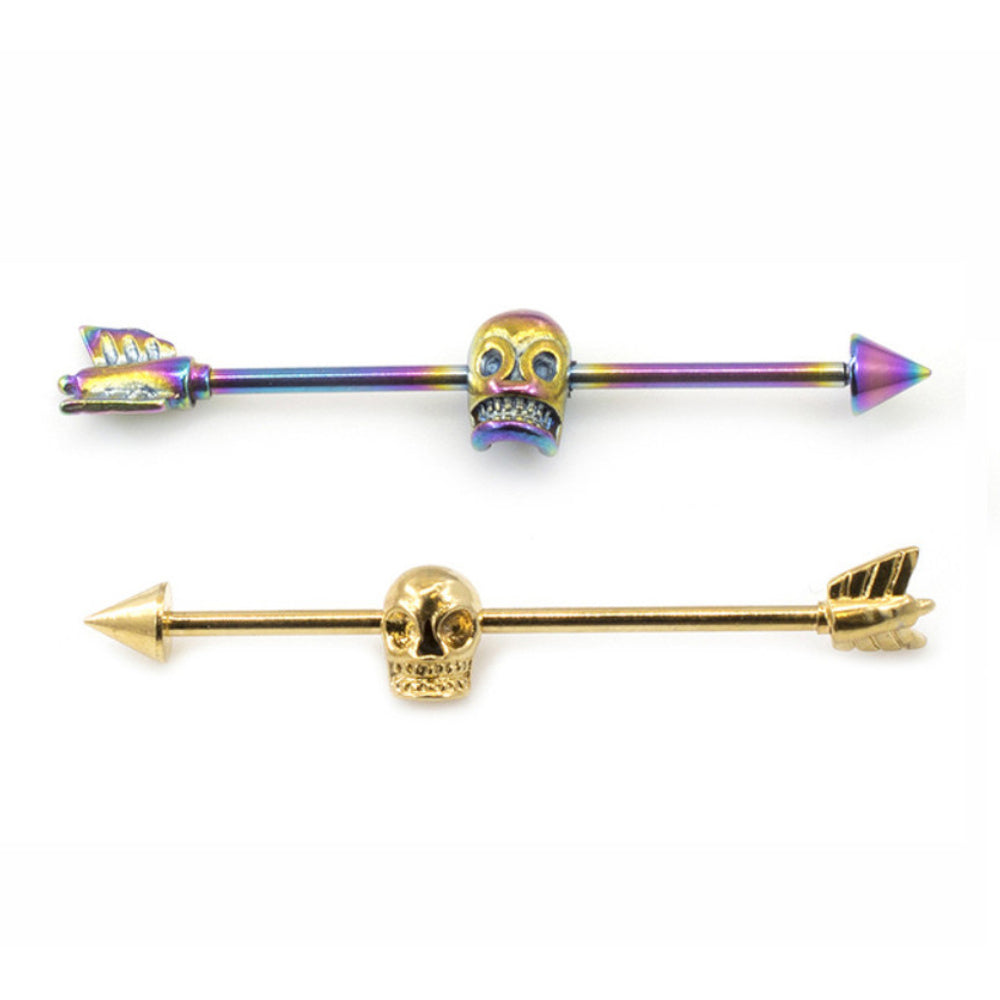 Surgical Steel 14 Gauge Industrial Barbell with Skull Arrow PVD