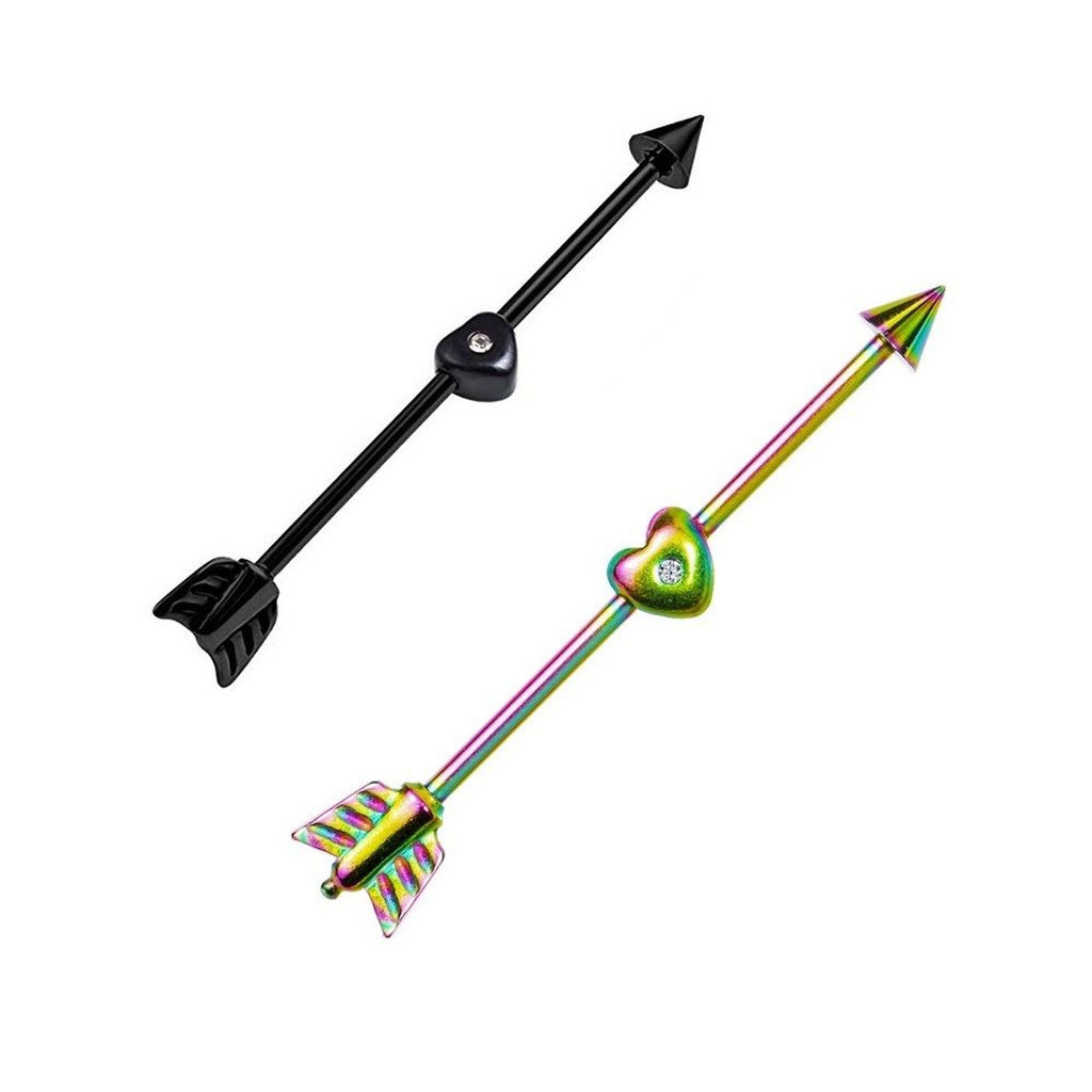 Surgical Steel 14 Gauge Industrial Barbell CZ Heart Arrow Thru - Pair