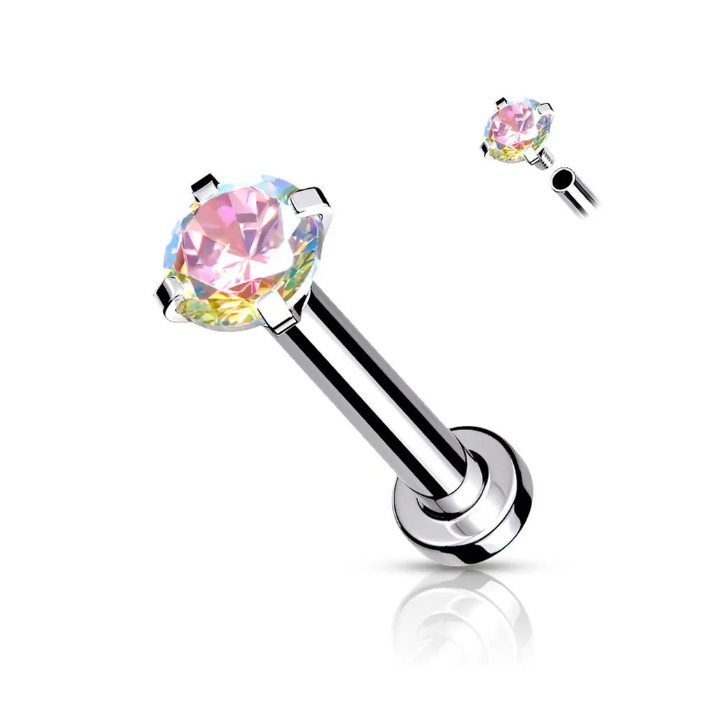 Surgical Steel 18 Gauge Prong CZ Top Flat Back Labret Stud