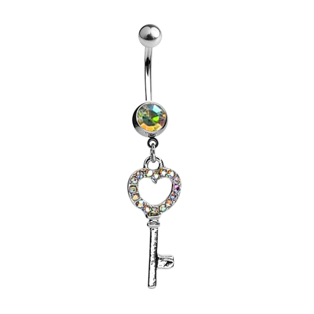 Surgical Steel 14 Gauge Belly Ring with Paved CZ Heart Key Dangle - photo 5