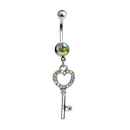 Surgical Steel 14 Gauge Belly Ring with Paved CZ Heart Key Dangle - photo 5