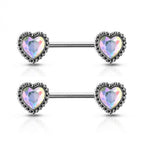 Surgical Steel 14G Glitter Opal Antique Heart Nipple Barbell - Pair