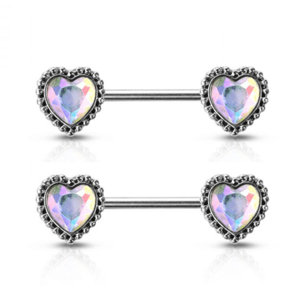 Surgical Steel 14G Glitter Opal Antique Heart Nipple Barbell - Pair